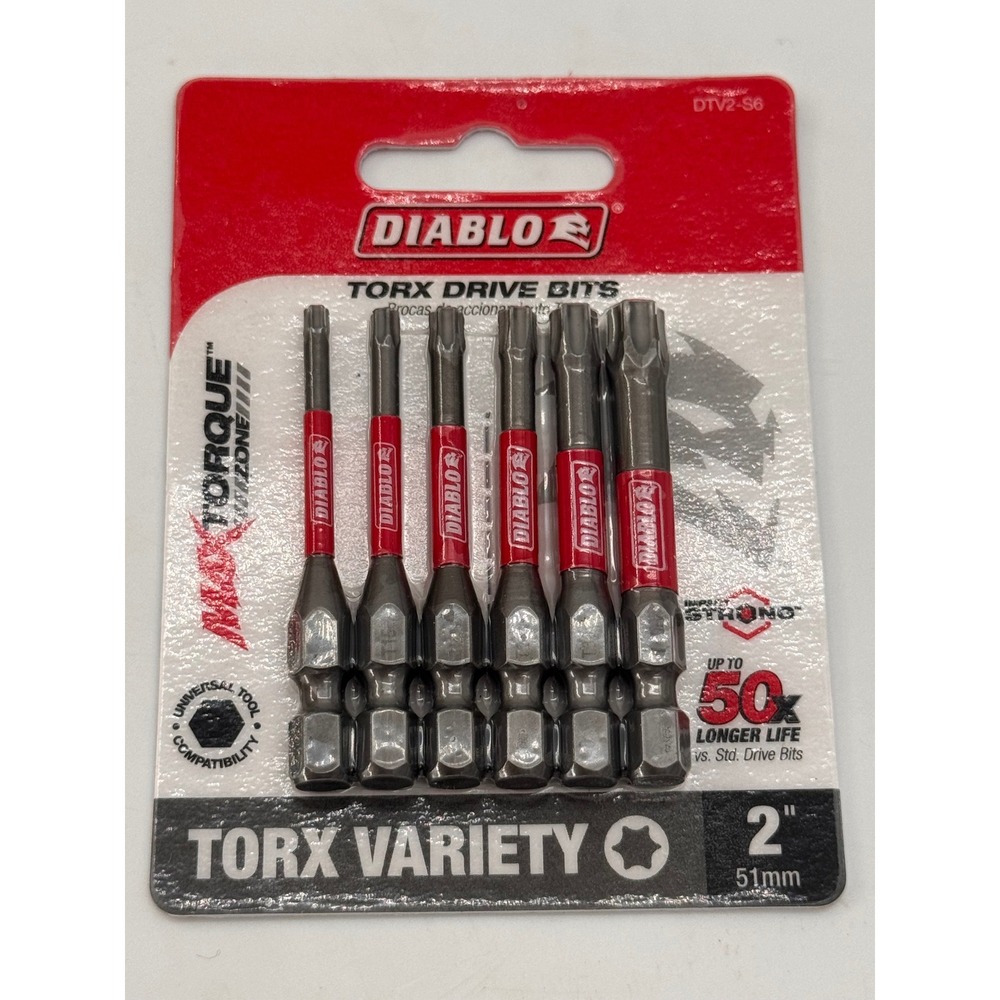 Diablo 2 Inch Torx Drive Bits 6 Piece Variety Set T10-T40 Impact Strong DTV2-S6